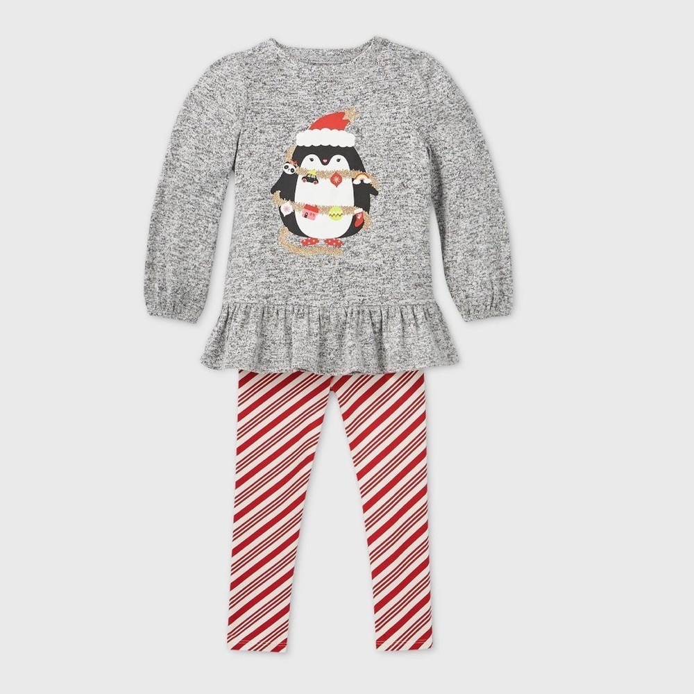 CAT & JACK PENGUIN IN SANTA GEAR PANTS SET - GRAY SIZE 2T (NEW WITH TAGS) A11